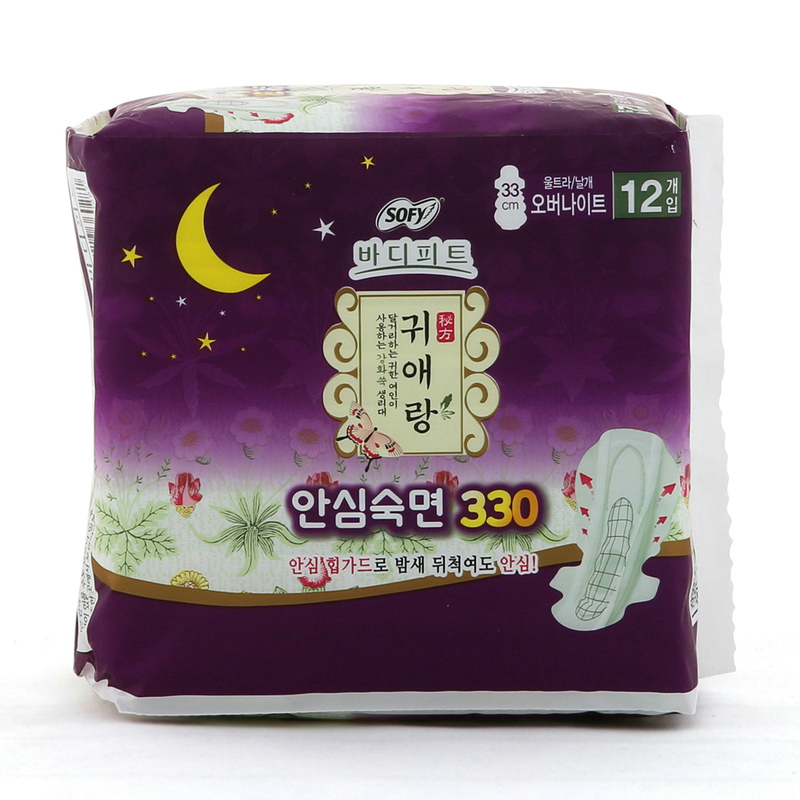韩国进口LG贵爱娘中草药草本姨妈卫生巾大号棉柔去味夜用33cm