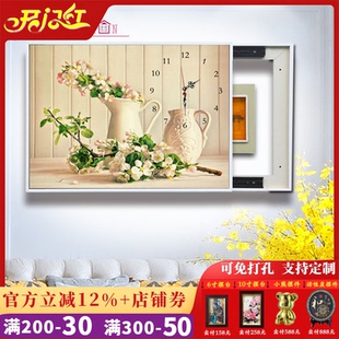 电表箱装饰画免打孔可推拉带钟表配电箱电闸盒液压上翻开遮挡挂画