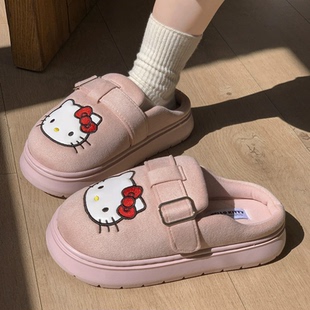 增高跟女士绣花凯蒂猫保暖鞋冬天厚底防滑2025新款外穿包头棉拖鞋