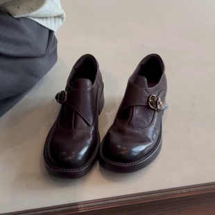 羊皮版~复古皮带扣粗跟乐福单鞋2026新款百搭英伦风圆头小皮鞋女