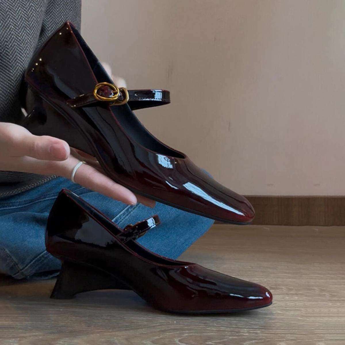 羊皮版~琥珀亮面浅口小皮鞋女一字带扣玛丽珍鞋坡跟方头高跟单鞋,女鞋,浅口单鞋,淘宝优惠券,粉丝福利购,淘宝优惠卷