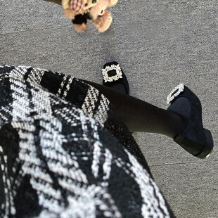 羊皮版~2026新款方钻高跟鞋秋冬加绒方头单鞋女厚黑粗跟女鞋浅口