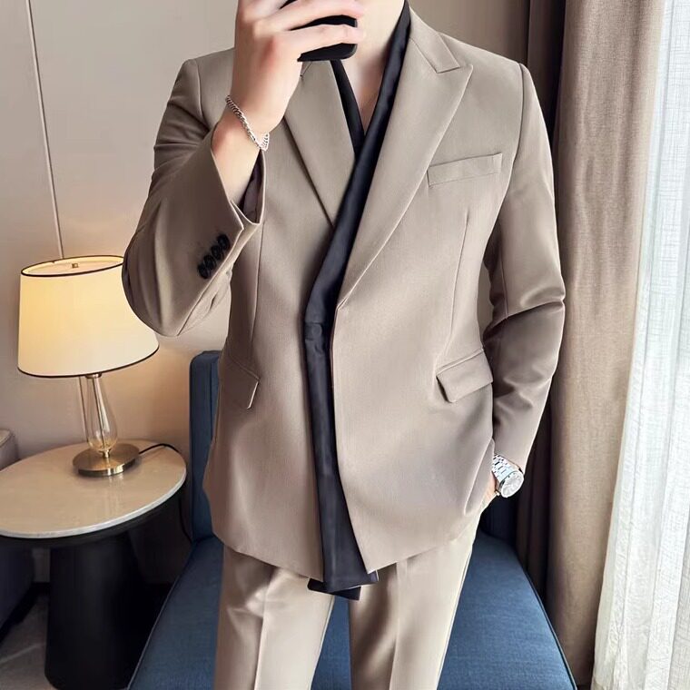 2025春装可拆卸领带假两件西装高档设计感男纯色西服套装帅气礼服