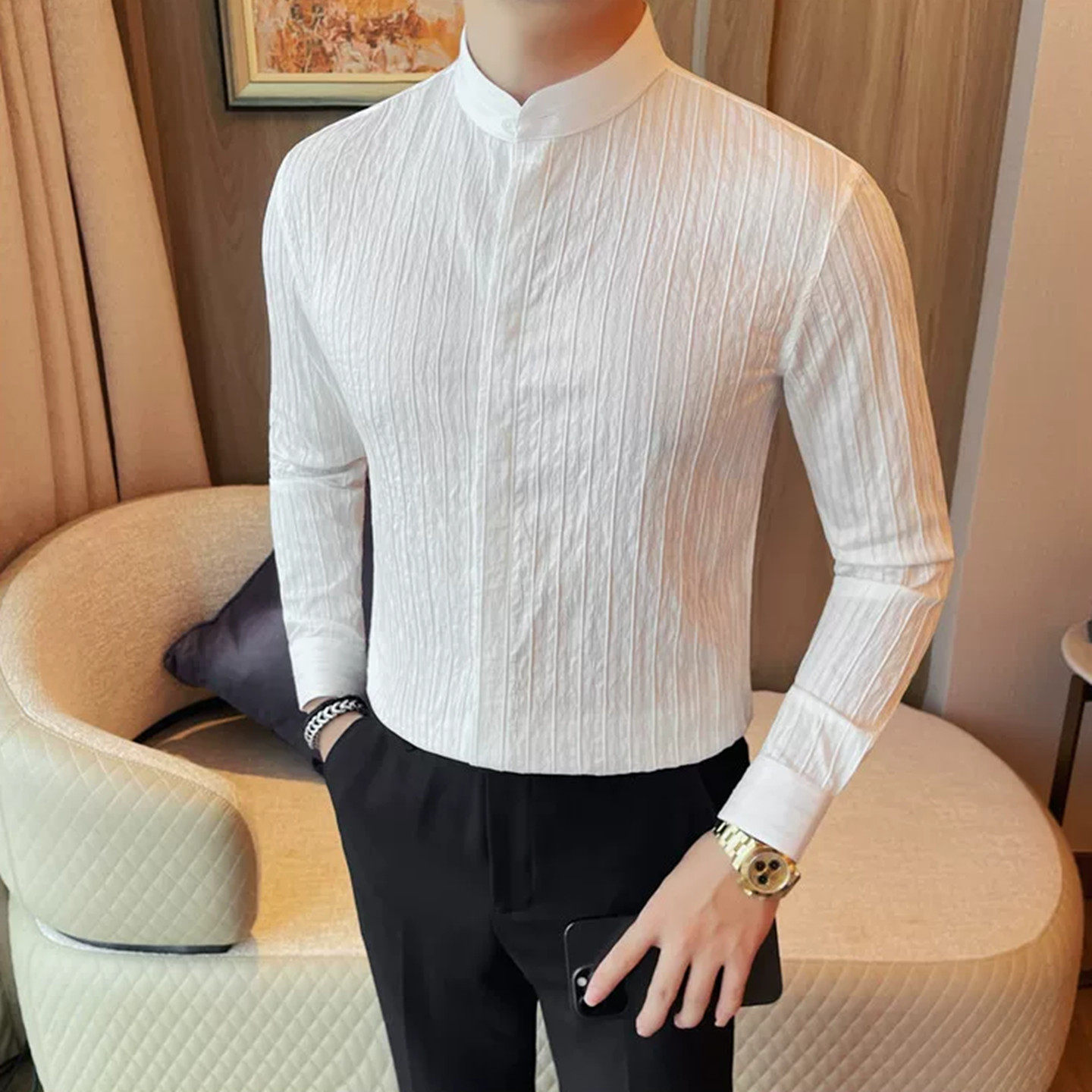 质感条纹新中式立领长袖衬衫26秋季新款韩版修身男士商务圆领衬衣