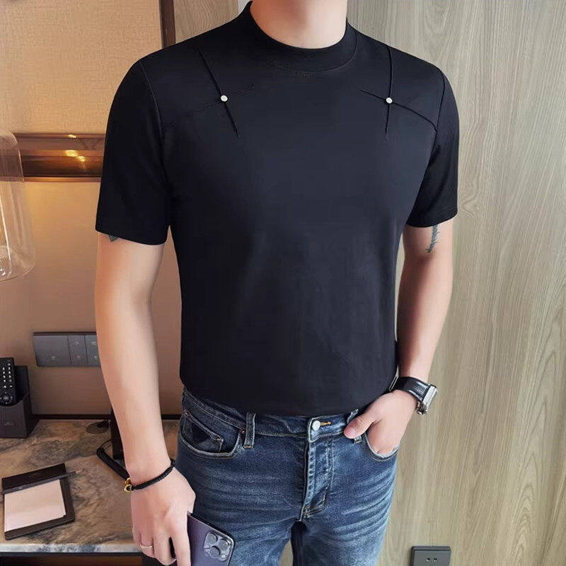 帅气潮流铆钉装饰短袖T恤夏季韩版修身纯色圆领打底衫男士体恤衣