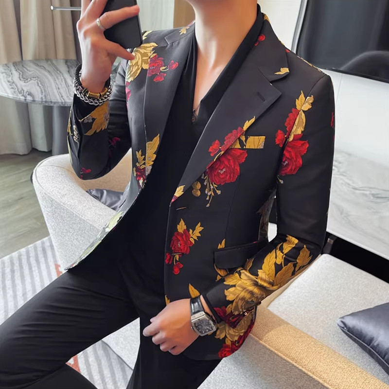 轻奢质感刺绣花色男士休闲西服外套2025新款修身结婚西装演出礼服