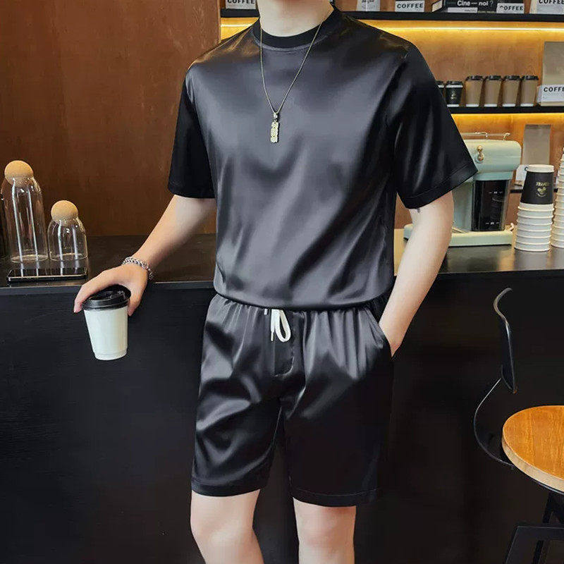 轻奢风薄款短裤套装夏季潮流男士纯色运动T恤套装青年时尚休闲服