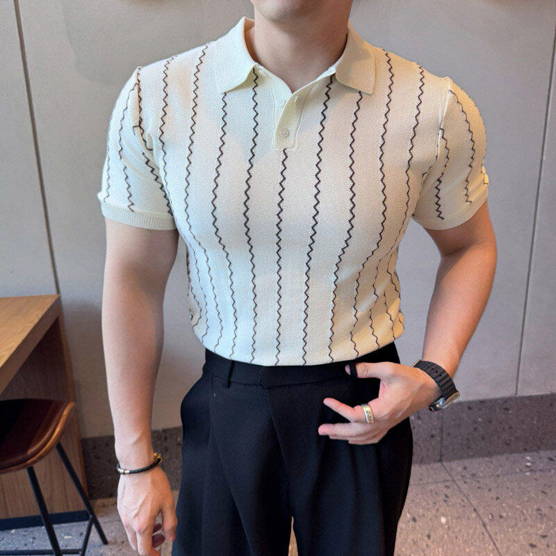 25夏季薄款波浪条纹针织冰丝半袖T恤男士韩版帅气翻领短袖POLO衫