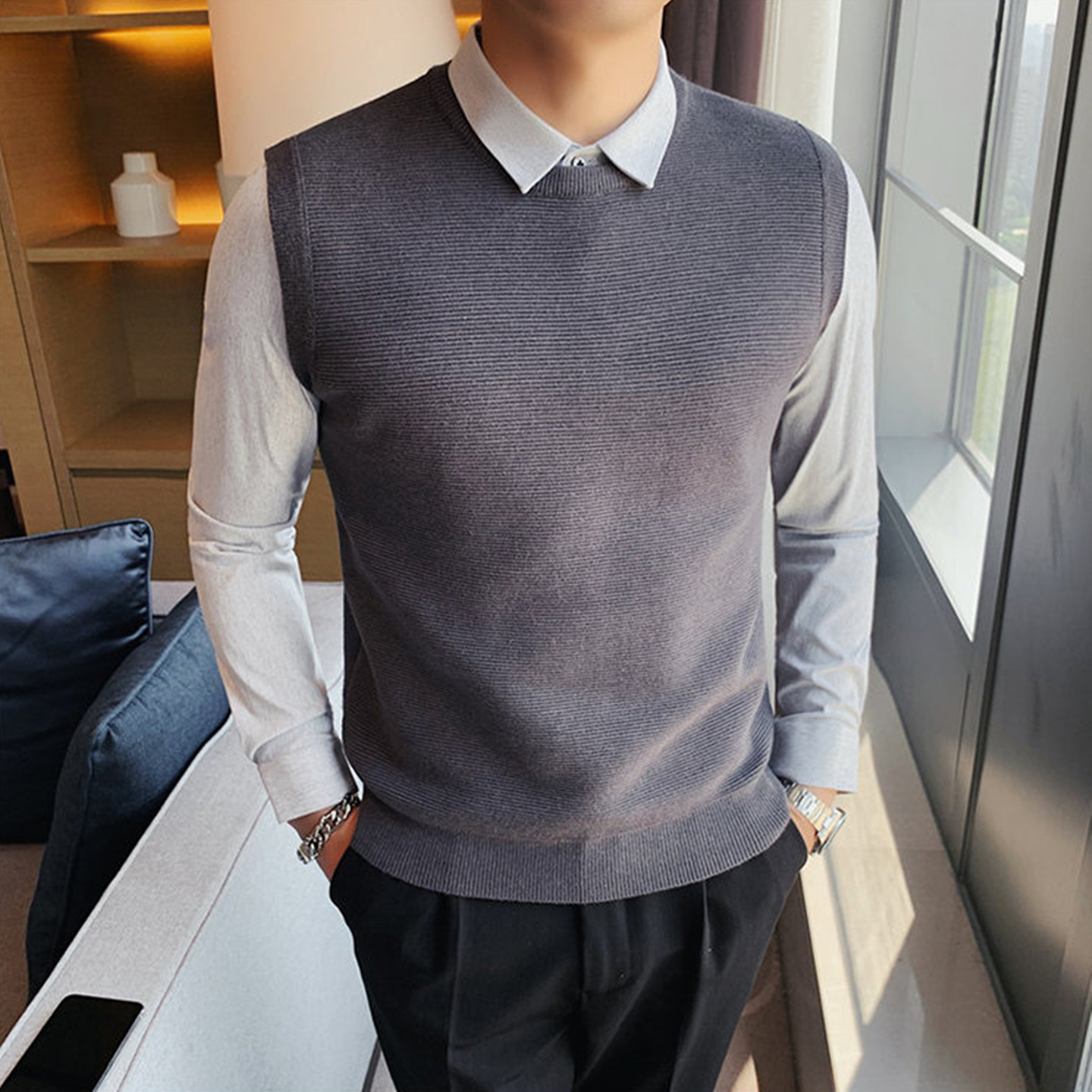 老钱风假两件毛衣秋冬新款男士修身商务百搭休闲针织衫衬衫领毛线