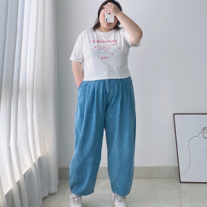 夏季新款胖mm文艺复古港味褶皱老爹裤大码休闲减龄百搭牛仔灯笼裤