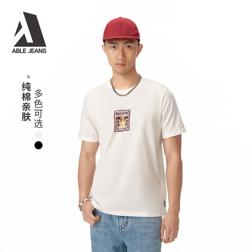 ABLE JEANS男士舒适合体圆领短袖印花宽松潮流休闲T恤