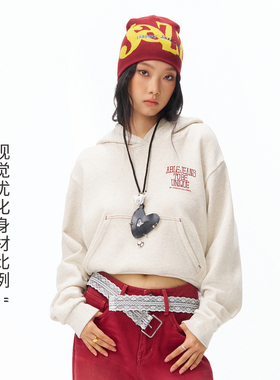 ABLE JEANS都市复古水洗短款连帽卫衣红色字母新年26春季新款女