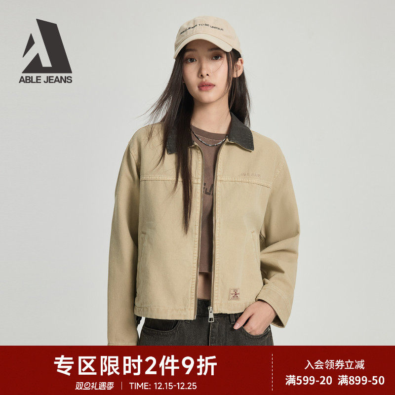 ABLE JEANS 2025秋新款女士工装风宽松洗水拼接短款谷