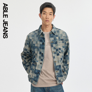 ABLE JEANS 秋季新款男士迷彩棋盘格纹提花水洗牛仔夹克外套