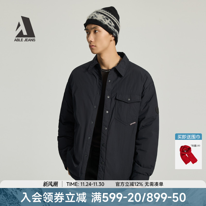 ABLE JEANS冬季新款男士轻薄羽绒服短款衬衫式保暖防寒夹克外套