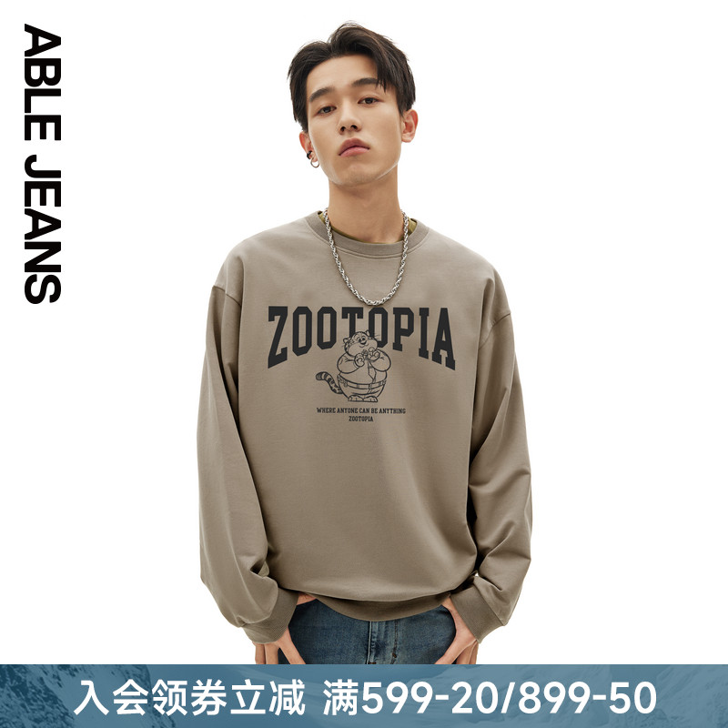 ABLE JEANS 新款冬季款男士复古印花圆领套头卫衣