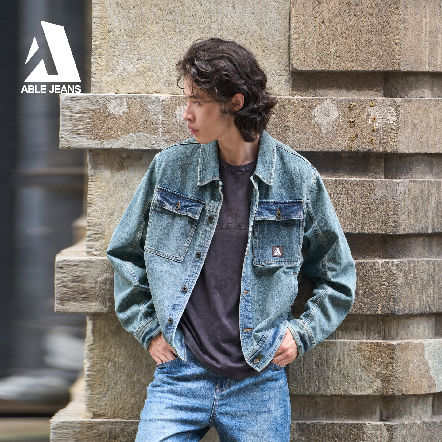 ABLE JEANS男士秋冬宽松水洗做旧复古牛仔夹克潮流百搭外套