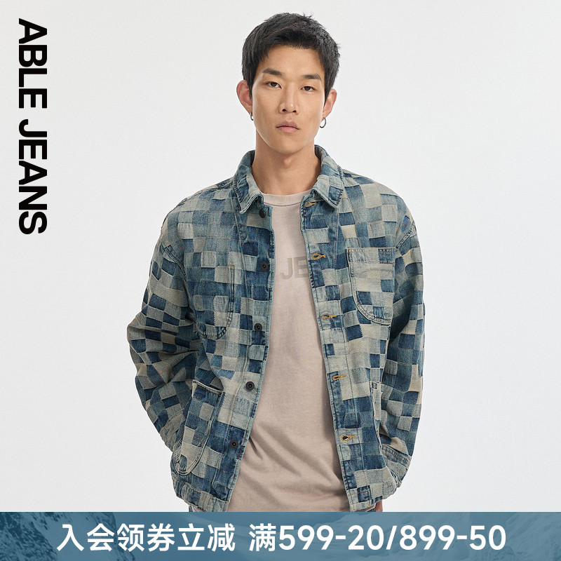 ABLE JEANS 秋季新款男士迷彩棋盘格纹提花水洗牛仔夹克外套