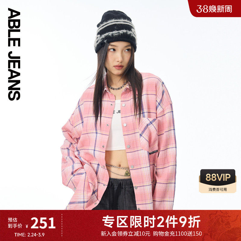 ABLE JEANS新款女士春夏轻薄格纹复古潮流街头休闲舒适logo衬衫