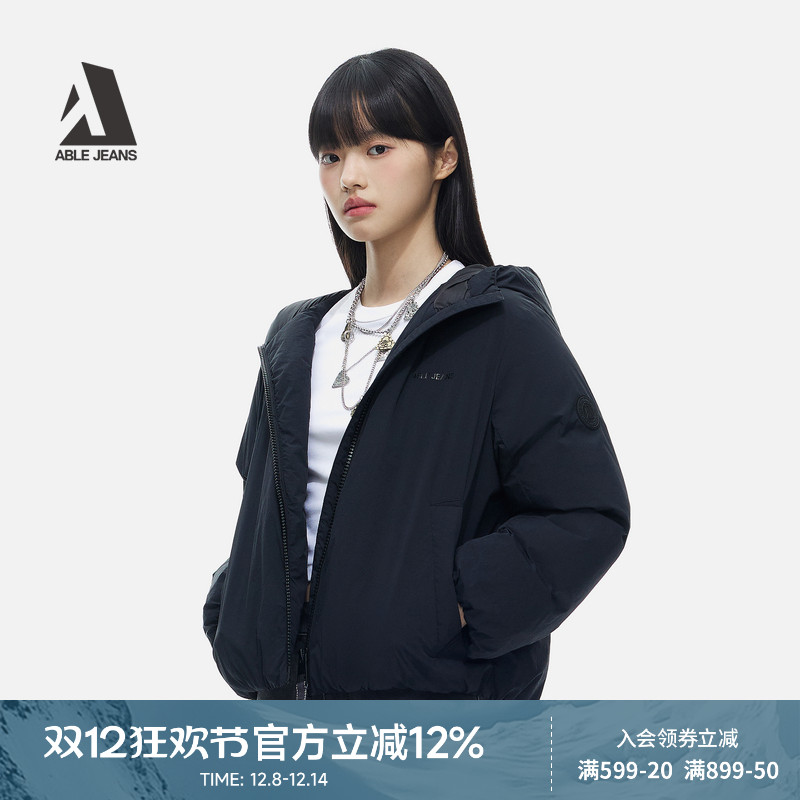ABLE JEANS女士黑色外套冬季新款连帽90鸭绒短款羽绒服972031