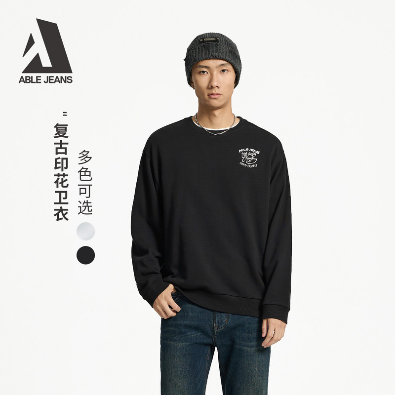 ABLE JEANS春秋新款男士美式复古字母印花宽松落肩套头圆领卫衣