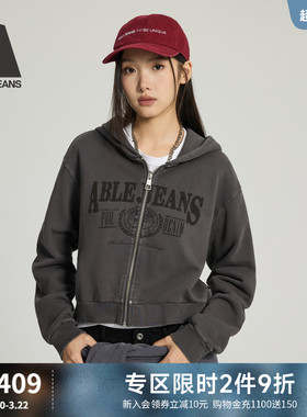 ABLE JEANS 女士春秋款潮流复古水洗纯棉短款连帽开衫卫衣外套