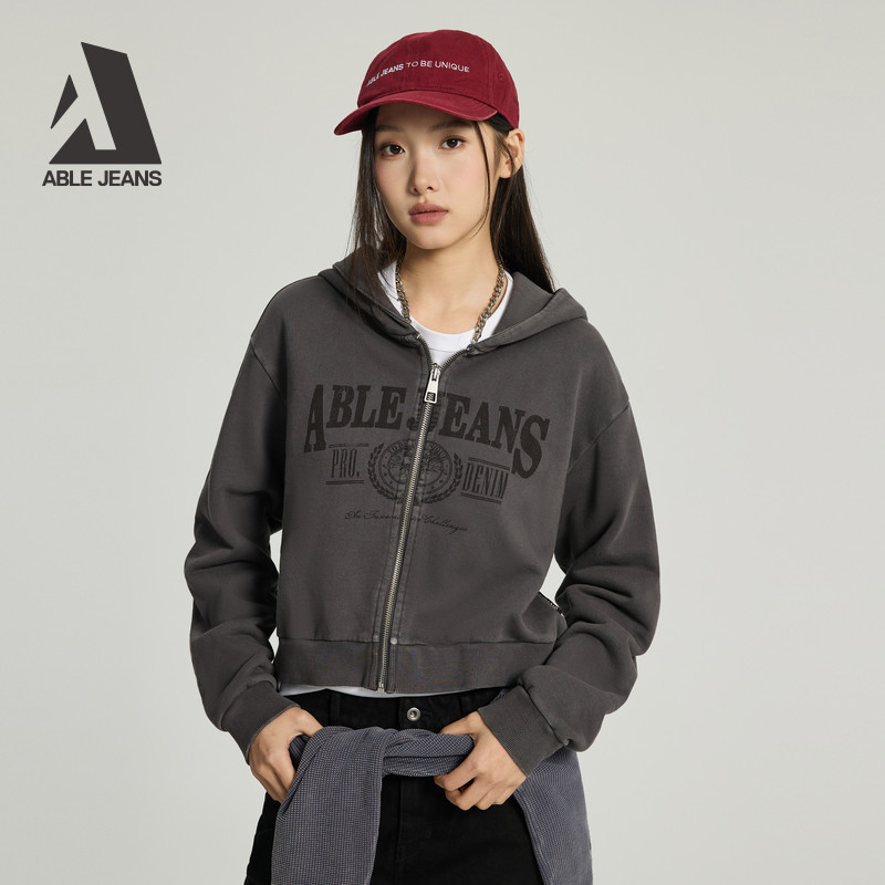 ABLE JEANS 女士春秋款潮流复古水洗纯棉短款连帽开衫卫衣外套,女装/女士精品,卫衣/绒衫,淘宝优惠券,粉丝福利购,淘宝优惠卷
