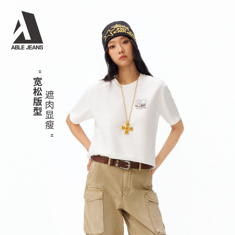 ABLE JEANS2026春新款复古简约舒适印花全棉宽松短袖T恤女款,女装/女士精品,T恤,淘宝优惠券,粉丝福利购,淘宝优惠卷