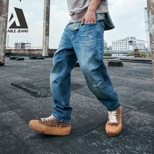 ABLE JEANS【直筒滑板裤】男士秋冬破洞牛仔裤潮流重工休闲裤