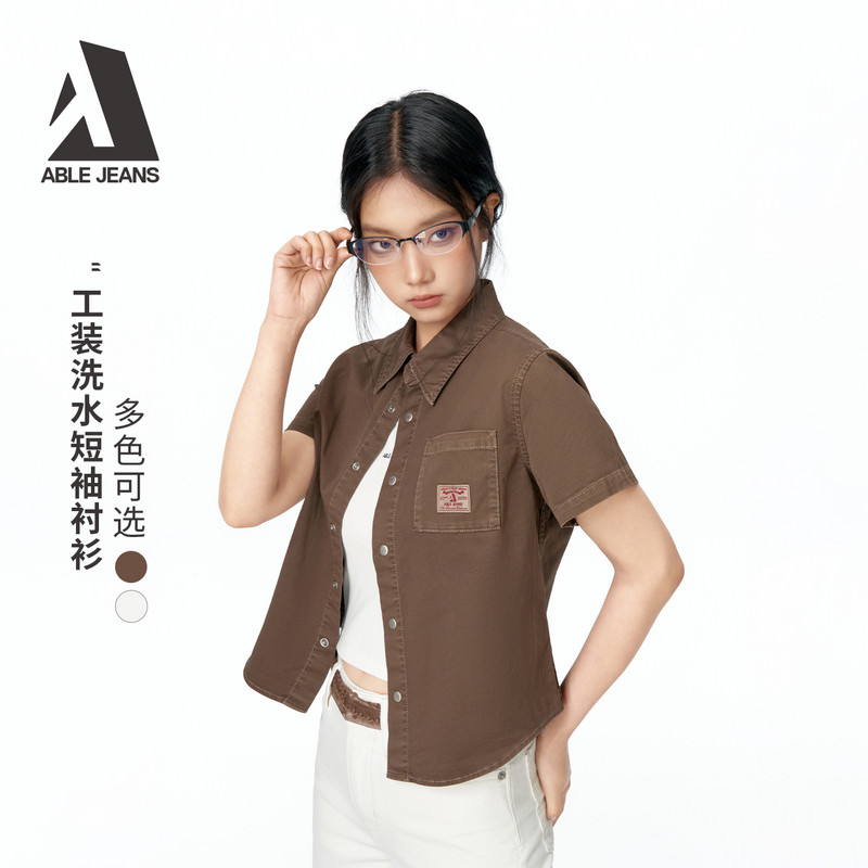 ABLE JEANS女士直身短款短袖衬衫美式复古正肩显瘦时尚百搭外套