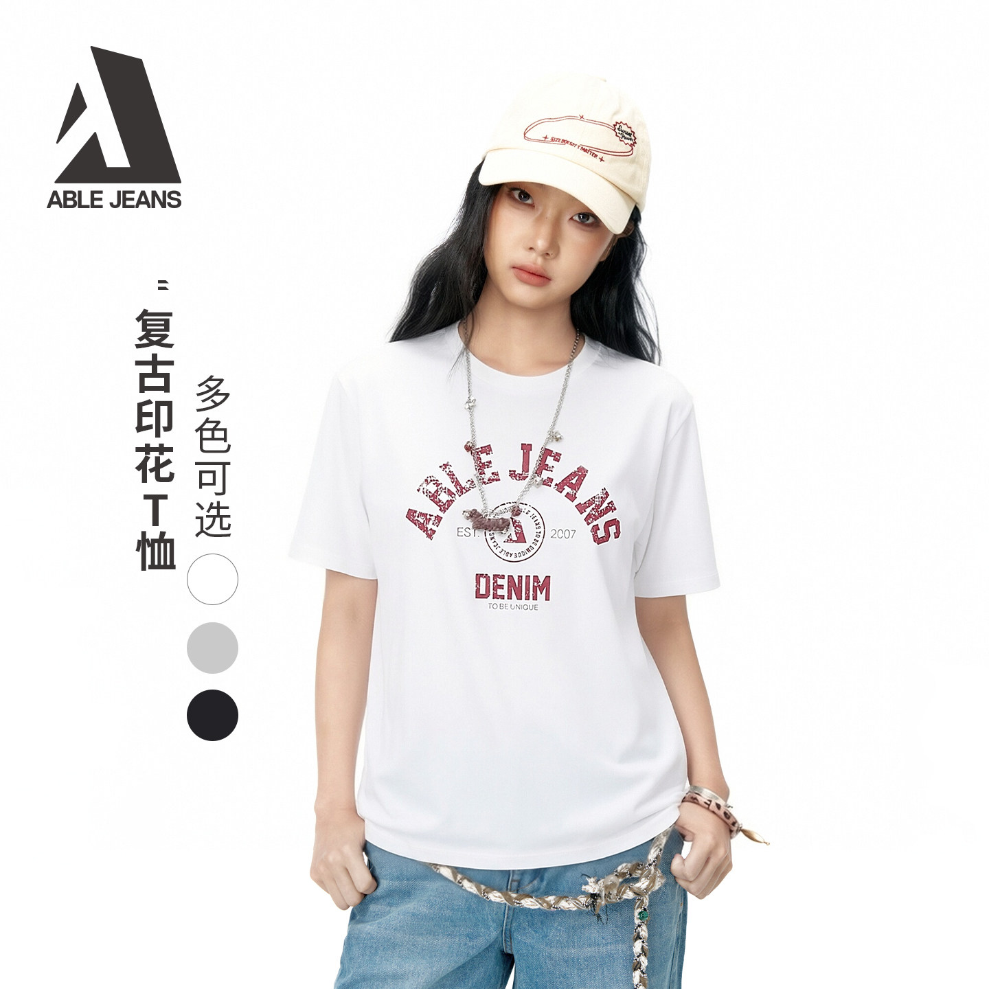 ABLE JEANS2026年印花情侣遮臀白色不透T恤宽松男女同款短袖多色