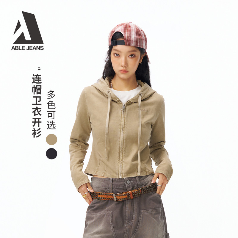 ABLE JEANS2026春新品开衫卫衣女款正肩短款上衣修身连帽休闲百搭