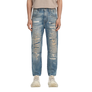 ABLE JEANS【直筒滑板裤】男士秋款潮流设计感破洞猫须弹力牛仔裤