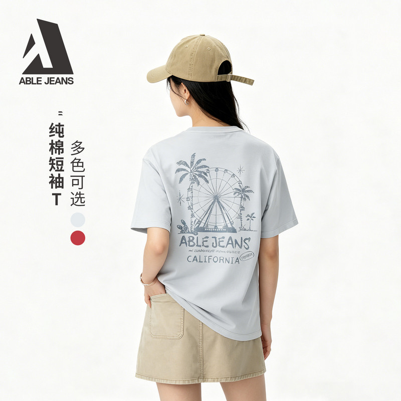 ABLEJEANS26夏季新品女士休闲风圆领简约印花短袖T恤