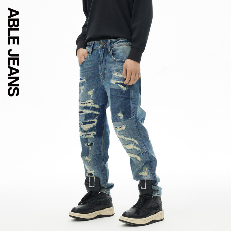 ABLE JEANS【直筒滑板裤】男士设计感重工潮流破洞猫须乞丐牛仔裤