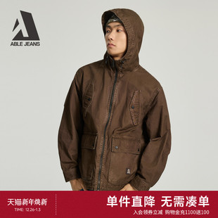 JEANS 棕色宽松连帽工装 2025冬季 男士 派克夹克外套全棉 新款 ABLE