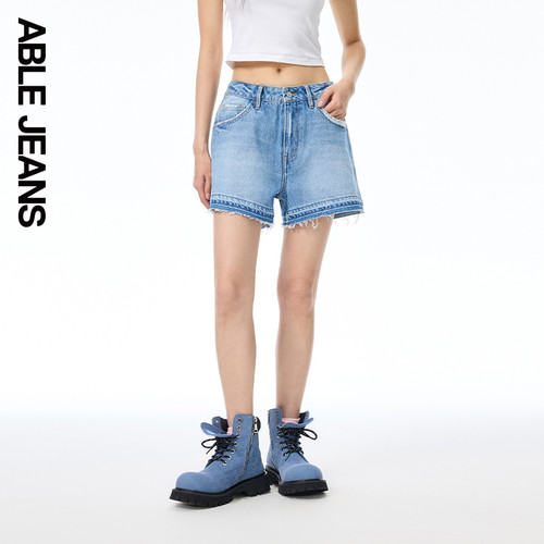 ABLE JEANS夏季新款女士时尚潮流高腰毛边牛仔短裤休闲五分裤