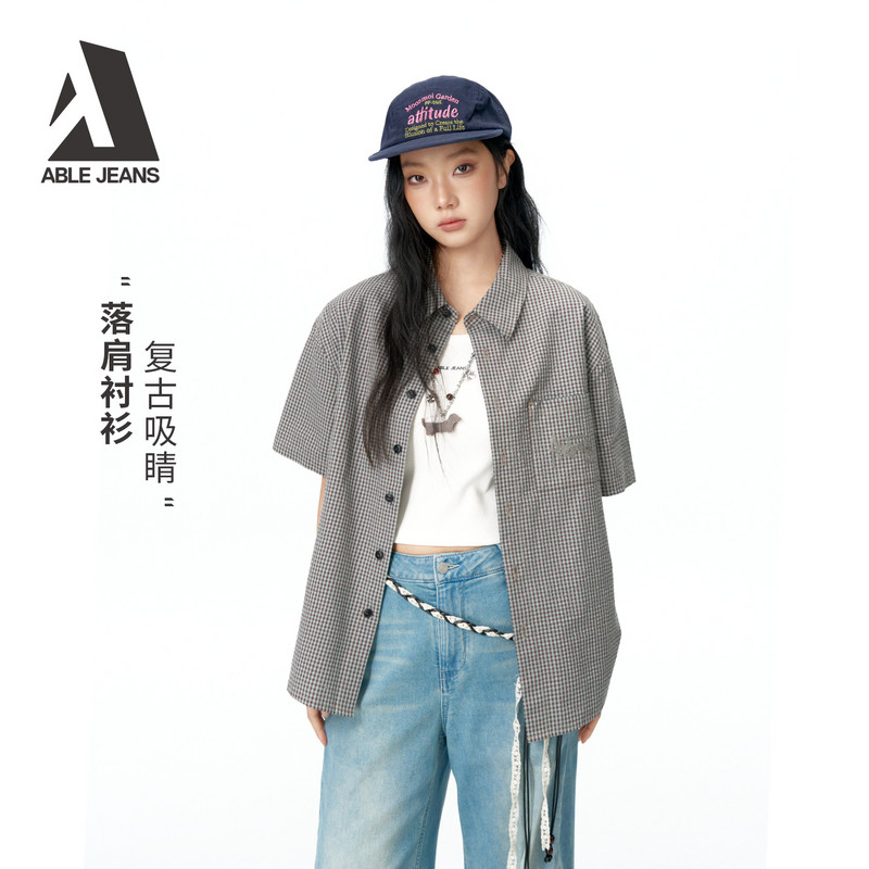 ABLE JEANS女士宽松格纹衬衫复古潮流百搭透气高级短袖外套