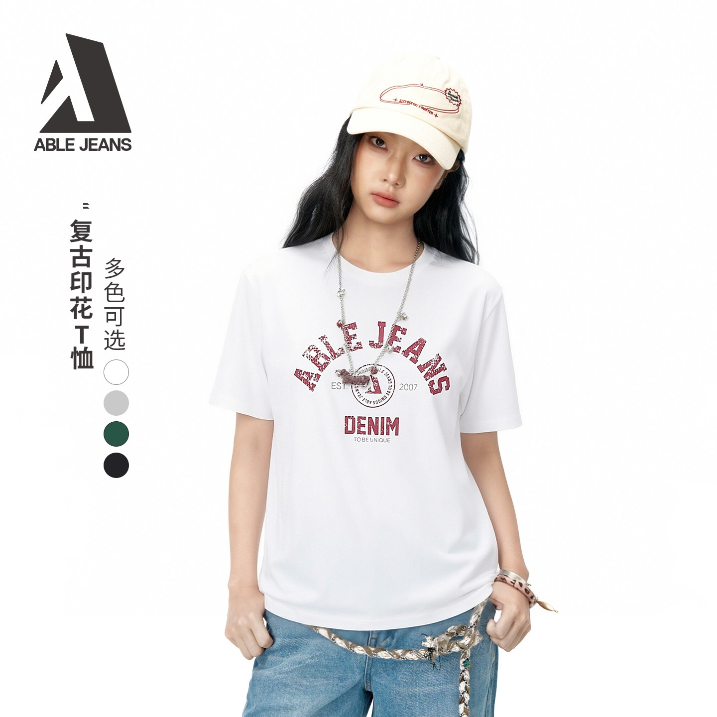 ABLE JEANS2026年印花情侣遮臀白色不透T恤宽松男女同款短袖多色