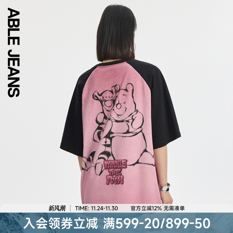 ABLE JEANS 新款女士超宽松印花拼色插肩水洗短袖T恤