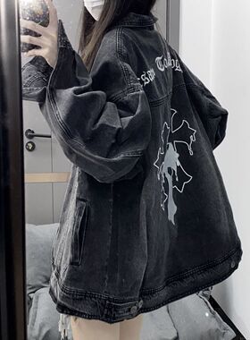 大码胖妹妹美式vibe风牛仔外套女春秋复古情侣休闲工装夹克上衣潮