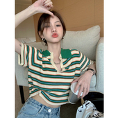 显瘦短袖 大码 正肩修身 女春夏新款 别致上衣 胖妹妹POLO领条纹针织衫