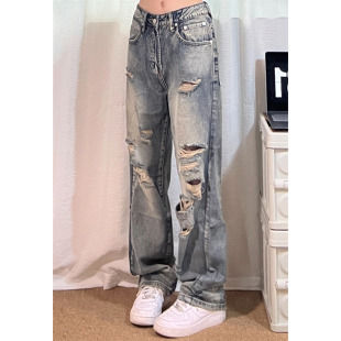 宽松显瘦乞丐直筒长裤 春夏新款 男女 胖妹妹街头复古破洞牛仔裤 大码