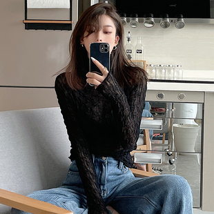 大码胖妹妹高领网纱内搭打底衫女春秋冬新款加绒蕾丝性感长袖上衣