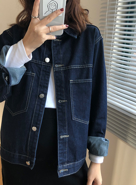 大码胖mm牛仔外套女春秋韩版复古明线设计bf宽松百搭夹克上衣潮in