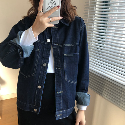 明线牛仔外套女春秋韩版复古设计