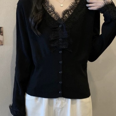 大码法式蕾丝V领针织打底内搭