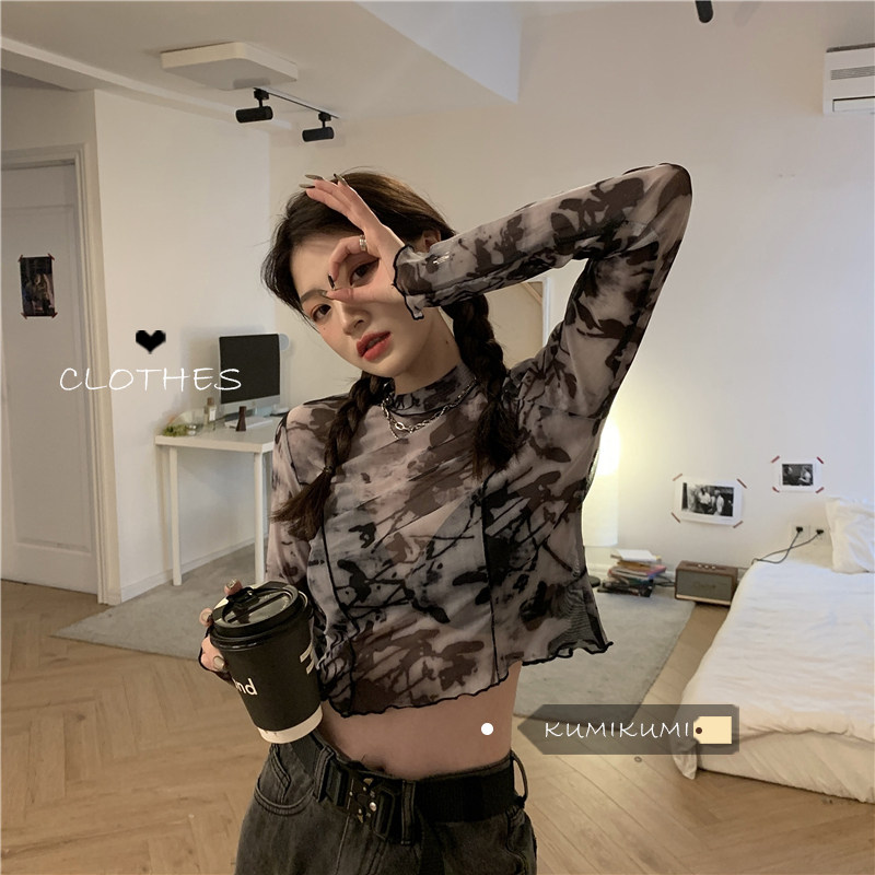 辣妹扎染上衣春夏装新款大码胖mm设计感网纱防晒罩衫长袖T恤女潮