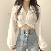 上衣 衬衫 大码 胖妹妹衬衣女春秋设计感小众系带蝴蝶结高腰显瘦短款