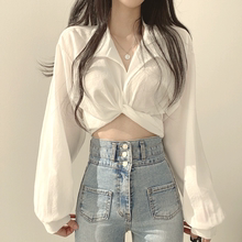 大码胖妹妹衬衣女春秋设计感小众系带蝴蝶结高腰显瘦短款衬衫上衣